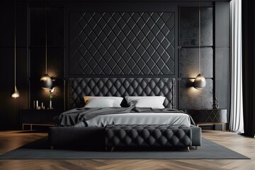 Modern style black bedroom interior with empty wall 3d render.There are black wooden floor ,black wallpaper,decorated with dark gray fabric and leather furniture. Generative AI