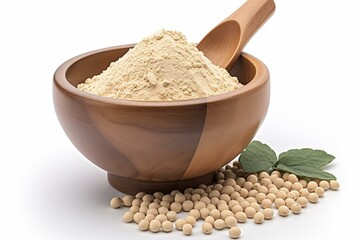 Soy protein powder or soya flour in wooden bowl and soybeans isolated on white background. Top view. Flat lay. Generative AI