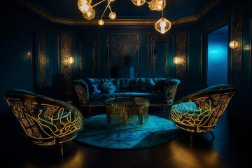 This luxurious interior design concept for apartments or hotels features a deep blue and gold color palette with attention to detail. Generative ai
