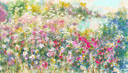 Colorful digital oil painting of an abstract spring meadow or flower field, impressionism, beautiful floral background design for summer, nature, spring concepts. Generative AI. - obrazy, fototapety, plakaty