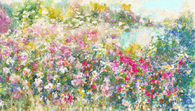Colorful digital oil painting of an abstract spring meadow or flower field, impressionism, beautiful floral background design for summer, nature, spring concepts. Generative AI.