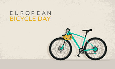 Fototapeta na wymiar European Bicycle Day. Banner. Mountain bike with a helmet near a wall with a grunge background. Vector illustration