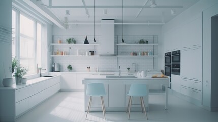 Large Kitchen in blue pastel colors. Minimalist modern interior design for mockup. Generative AI.