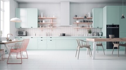 Large Kitchen in blue pastel colors. Minimalist modern interior design for mockup. Generative AI.