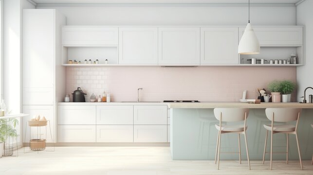 Large Kitchen in pastel colors. Minimalist modern interior design for mockup. Generative AI.