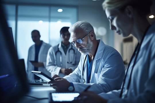 The image features a doctor reviewing a patient's electronic health records on a tablet while consulting with other medical professionals - ai generative