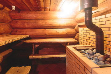 Traditional finnish sauna room wooden interior, cabin home wooden sauna spa cabin steam room with...