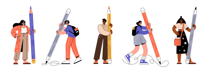 Flat students stand and hold a pencil. Men and women study and write. Education and training