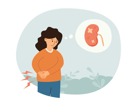 Woman with sharp pain in the side, kidney failure or kidney disease. Kidney stone. Poor feeling of wealth. Need a doctor help. Isolated vector illustration.