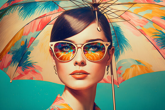 Vintage photo of a beautiful woman with sunglasses over silhouettes of palm trees, Pin up, pop art.Generative ai
