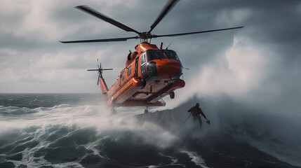 Rescue team descending from a helicopter at a ship in distress.