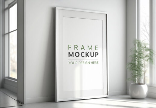 White Frame Placed in a Bright Living Room Mockup. Generative Ai