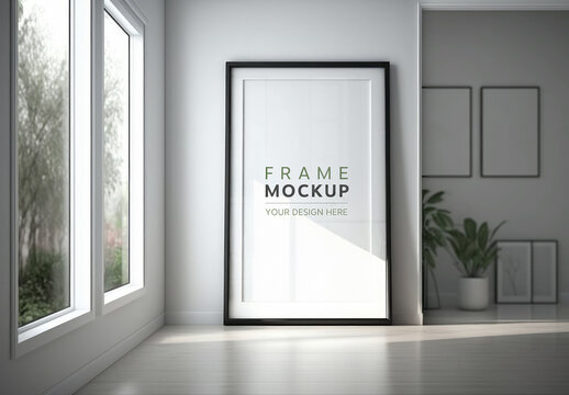 Black Frame Placed in a Bright Modern Living Room Mockup. Generative Ai