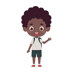 Cute cartoon little african boy with the backpack waving his hand hello. Little schoolboy character. Vector illustration
