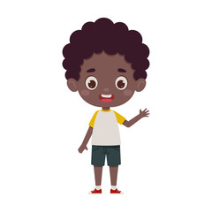 Cute cartoon little african boy waving his hand. Little schoolboy character. Vector illustration