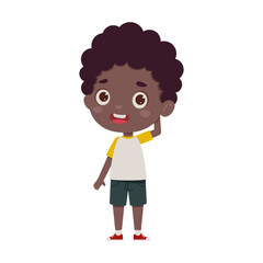 Cute little kid african boy confused. Cartoon schoolboy character show facial expression. Vector illustration