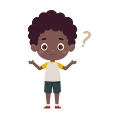 Cute little kid african boy confused with question mark. Cartoon schoolboy character show facial expression. Vector illustration