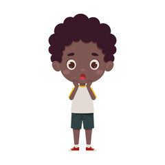 Cute cartoon little scary african boy. Little schoolboy character show facial expression. Vector illustration