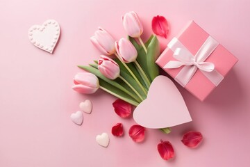 Birthday, valentines, wedding, mothers day. Tulips, present box. Festive. Copy space. Top view concept. Pink and blue. 