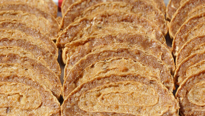texture of layers of a chocolate cake.