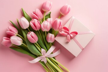Fototapeta premium Birthday, valentines, wedding, mothers day. Tulips, present box. Festive. Copy space. Top view concept. Pink and blue. 