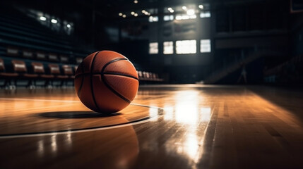 Ball on basketball court with spotlights , Basketball ai generative