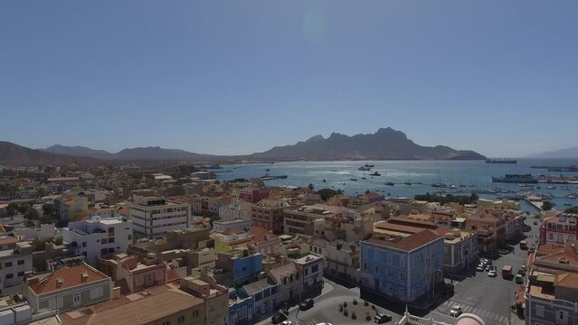 Drone footage, Aerial Mindelo city bay, marina in S&atilde;o Vicente, Cabo Verde
