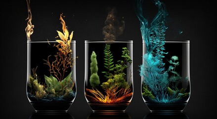 plants in a glass vessel, A vessel with a piece of forest with its own ecosystem. Save the earth concept.