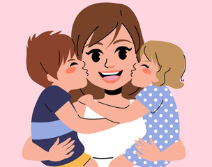 Vector illustration of mother holding kids. Children kissing mom on mother's day celebration holiday