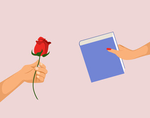 Vector illustration of male hand exchanging presents with female hand. Boyfriend showing love to girlfriend celebrating Diada de Sant Jordi ( Saint George's Day) offering rose to her and book to him