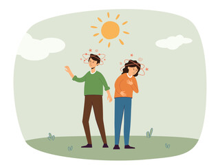 Healthcare concept of exhausted, sunburn, summer day, high temperature. Heat stroke symptoms high body temperature, sweat, perspire, headache, red skin, dehydration. Isolated vector illustration.