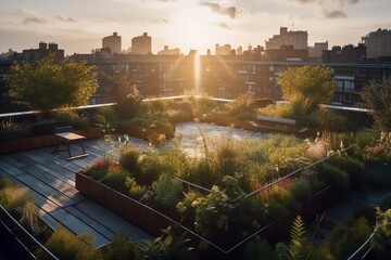 High angle view of green roof- garden in a big city, created with Generative AI technology.