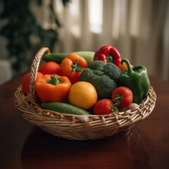 Obraz na płótnie Canvas Various fresh fruits in the basket on the wood table, Generative AI
