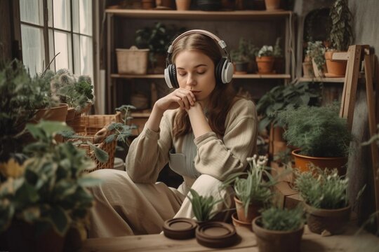 Ilustration of young woman listening music in greenhouse, resting. Created with Generative AI technology.