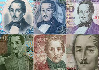 versions of colombian hero Francisco de Paula Santander on old colombian banknotes
