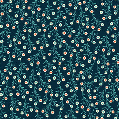 Seamless vector pattern with small flowers on dark green Textile wrapping packaging bedding
