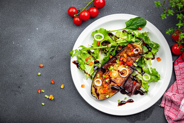 eggplant salad fried with vegetables healthy meal food snack on the table copy space food background rustic top view keto or paleo diet veggie vegan or vegetarian food