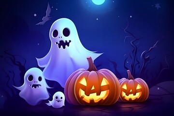 Fototapeta premium halloween pumpkin with cute ghost, created with Generative AI