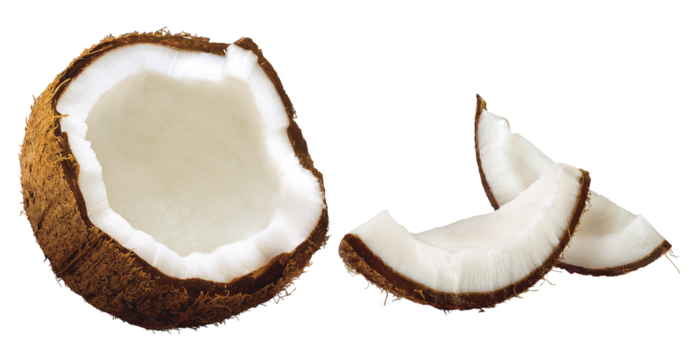 Pedaços de cocos quebrados em fundo transparente - fruta coco