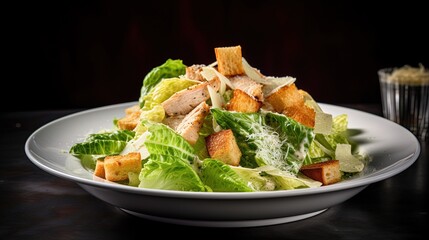 Tasty Greens, Healthy Delicious Chicken Caesar Salad on a Plate in a Restaurant, with Licensed Generative AI Technology Assistance