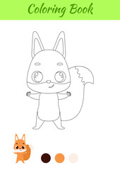 Coloring page happy squirrel. Coloring book for kids. Educational activity for preschool years kids and toddlers with cute animal. Vector stock illustration
