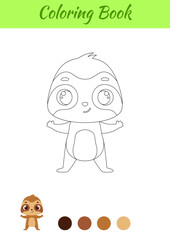 Coloring page happy sloth. Coloring book for kids. Educational activity for preschool years kids and toddlers with cute animal. Vector stock illustration