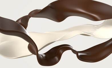 Coffee and milk streams, chocolate and dairy mix, waves of hot choco and cream 3d render. White brown liquids swirls with splashes, graphic elements on abstract background, pattern. 3D illustration
