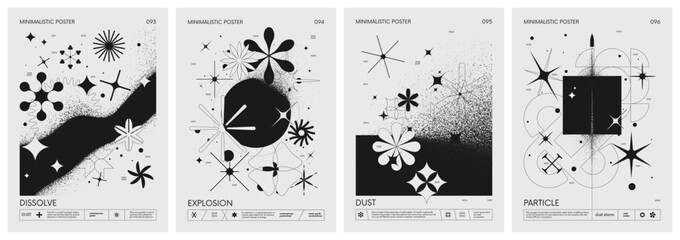 Futuristic retro vector minimalistic Posters with geometric shapes dissolve into dust and strange wireframes graphic figures, modern design inspired by brutalism and silhouette basic figures, set 24