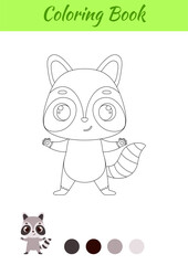 Coloring page happy raccoon. Coloring book for kids. Educational activity for preschool years kids and toddlers with cute animal. Vector stock illustration