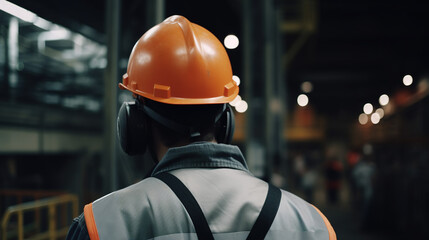 Closeup Back View of Factory Worker with Protective Industrial Grade Safety Helmet, with Licensed Generative AI Technology Assistance