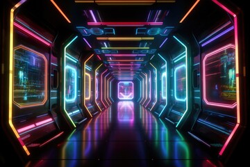 Futuristic sci-fi background wall tunnel with glowing neon lighting effects Generative AI Illustration