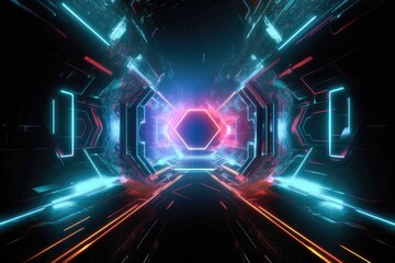 Sci-fi futuristic background wall tunnel with glowing neons lighting effects Generative AI Illustration