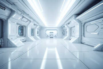 Sci-fi futuristic wallpaper background wall spaceship interior tunnel with glowing white lighting effects Generative AI Illustration
