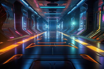 Sci-fi futuristic background wall tunnel with glowing neon multi color light effects Generative AI Illustration